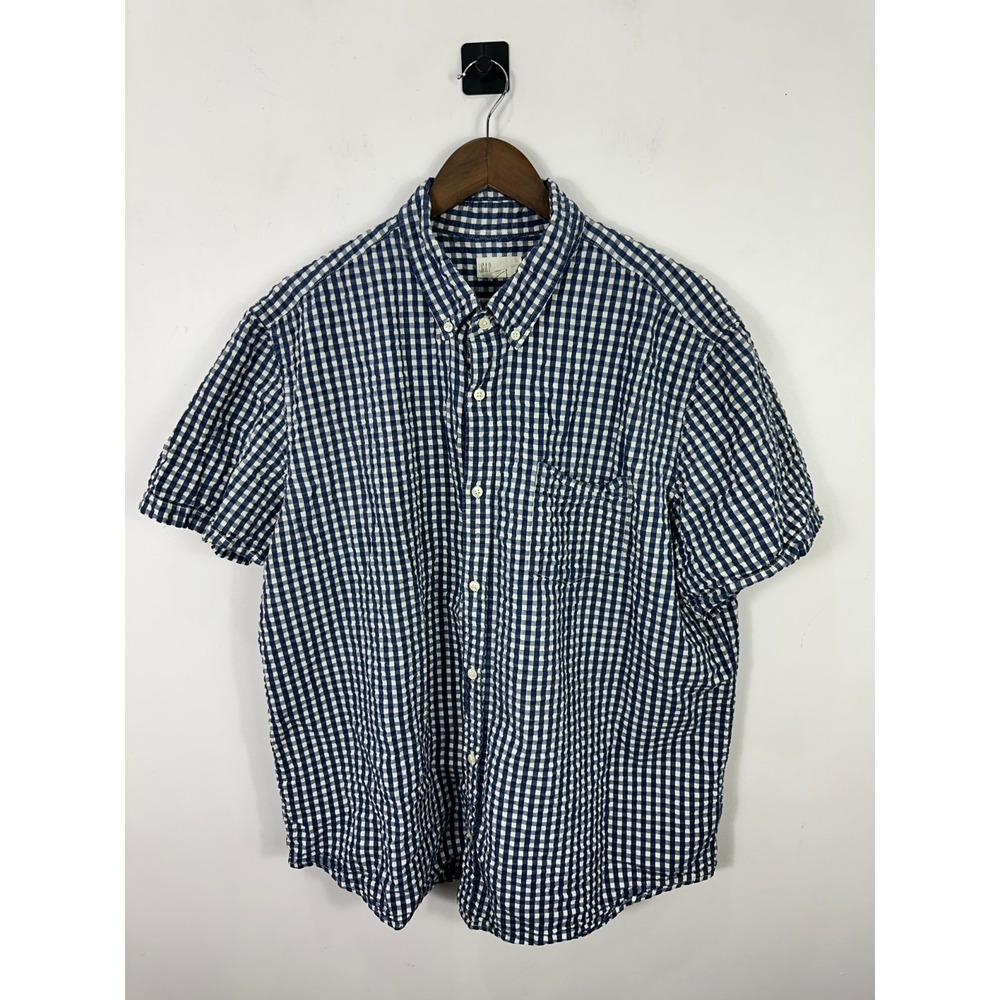 GAP‎ Mens XXL Short Sleeve Button Down Shirt Blue Gingham Check Cotton Preppy
